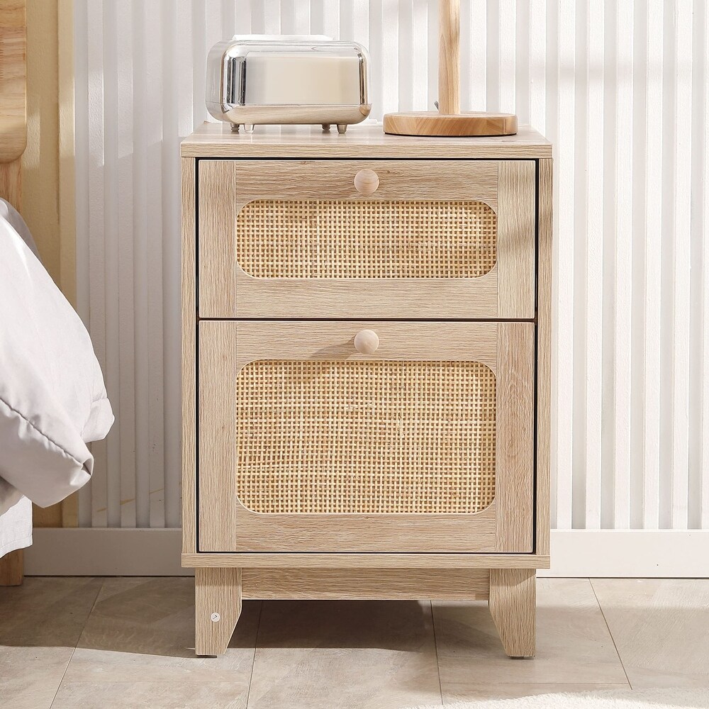 Rattan Nightstand with Charging Station  Boho Side Table with Handmade Rattan Decorated Drawer and Door