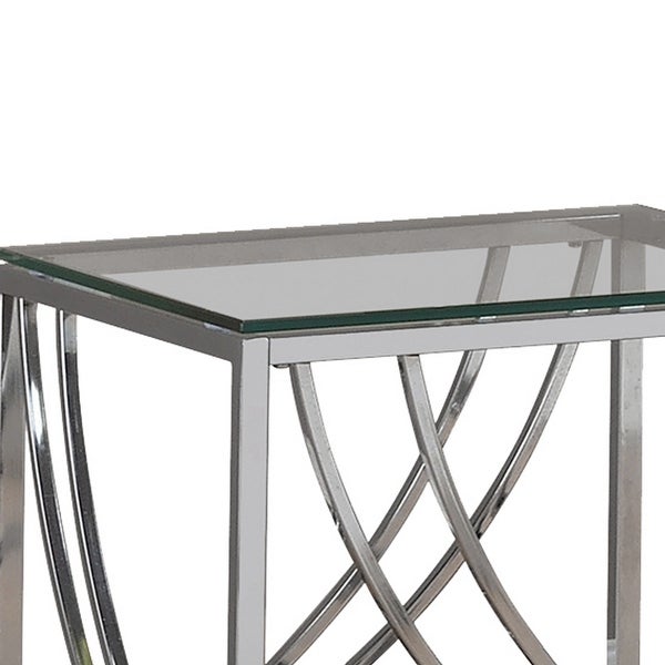 Tempered Glass Top End Table with Metal Tubular Legs， Chrome and Clear