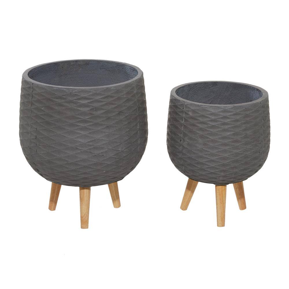 Litton Lane 14 in. and 15 in.Modern Grey Fiber Clay and Wood Planter (Set of 2) 46503