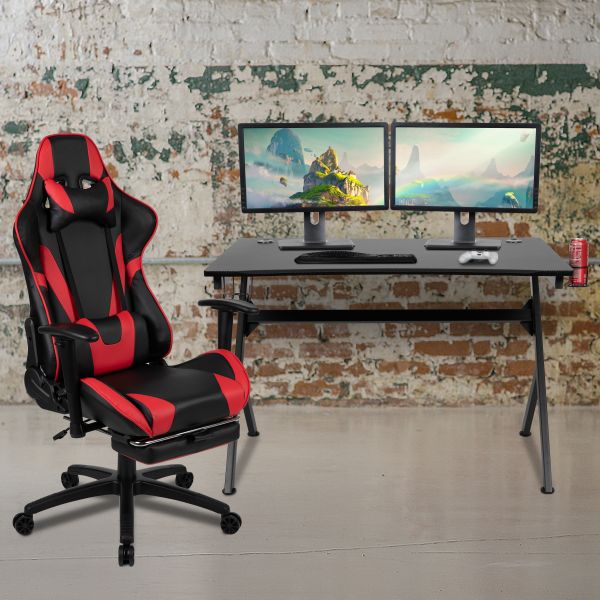 Optis Black Gaming Desk and Red/Black Footrest Reclining Gaming Chair Set with Cup Holder， Headphone Hook and 2 Wire Management Holes