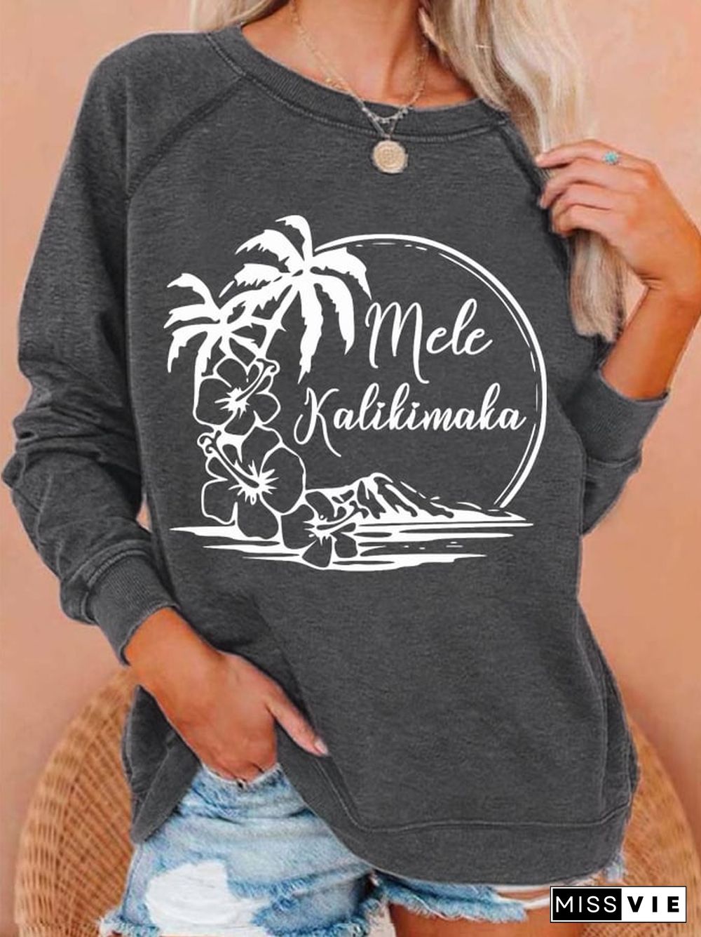 Women's Hawaiian Christmas Mele Kalikimaka Hibiscus Palm Tree Sweatshirt