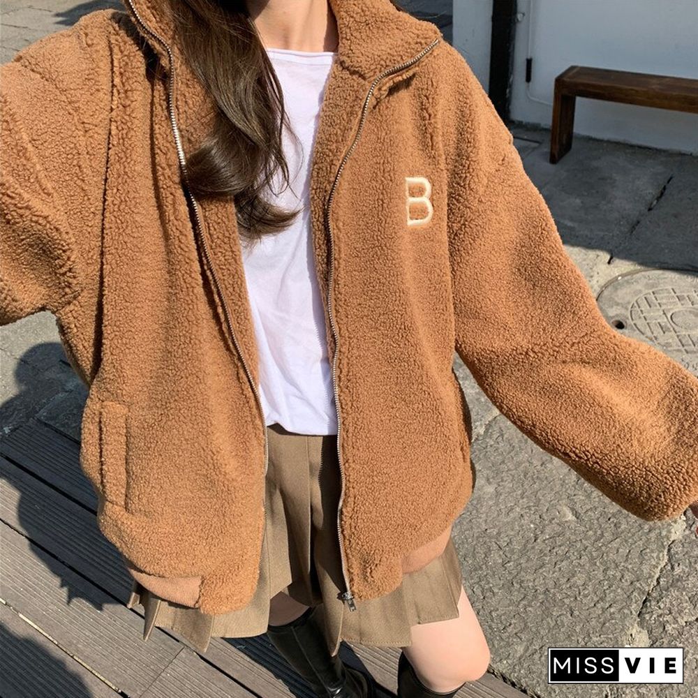 Winter Warm Lamb Wool Coat Women Korean Fashion Zipper Long Sleeve Jacket Female Vintage Y2k Letter Outwear Tops Mujer