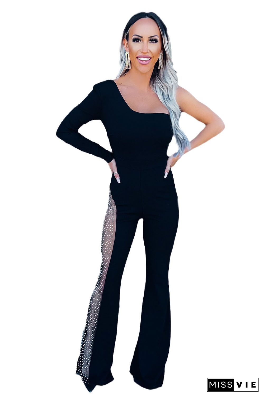 Black One-shoulder Gem Rhinestone Accent Flare Bottom Jumpsuit