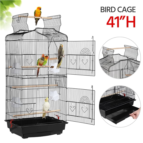 Topeakmart 41'' H Open Top Metal Bird Cage with Four Feeders， Black