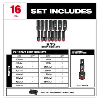 MW SHOCKWAVE Impact-Duty 12 in. Drive Metric Deep Well Impact Socket Set (16-Piece) 49-66-6818