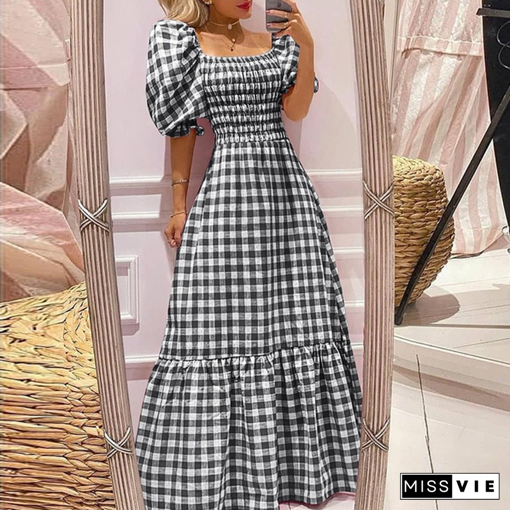 Plus Size Women Puff Square Neck Full-length Checked Plaid Dress Summer Holiday Maxi Dress Party Dress Vestidos