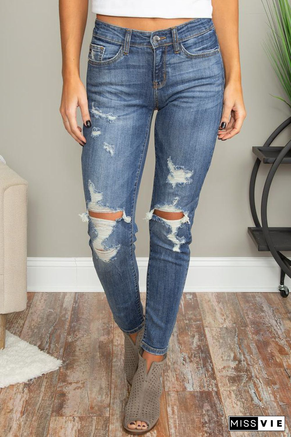 Blue Hollow Out Vintage Skinny Ripped Jeans