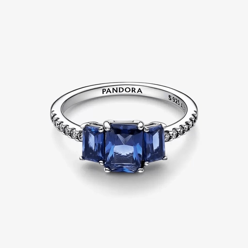 PANDORA  Blue Rectangular Three Stone Sparkling Ring