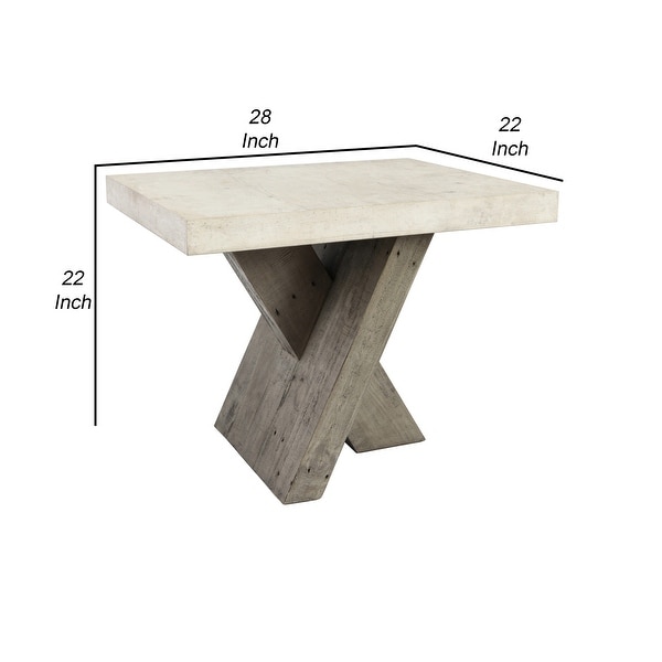 Inn 28 Inch Square End Table， Crossed Legs， Wood Grain Detail， Gray， Beige