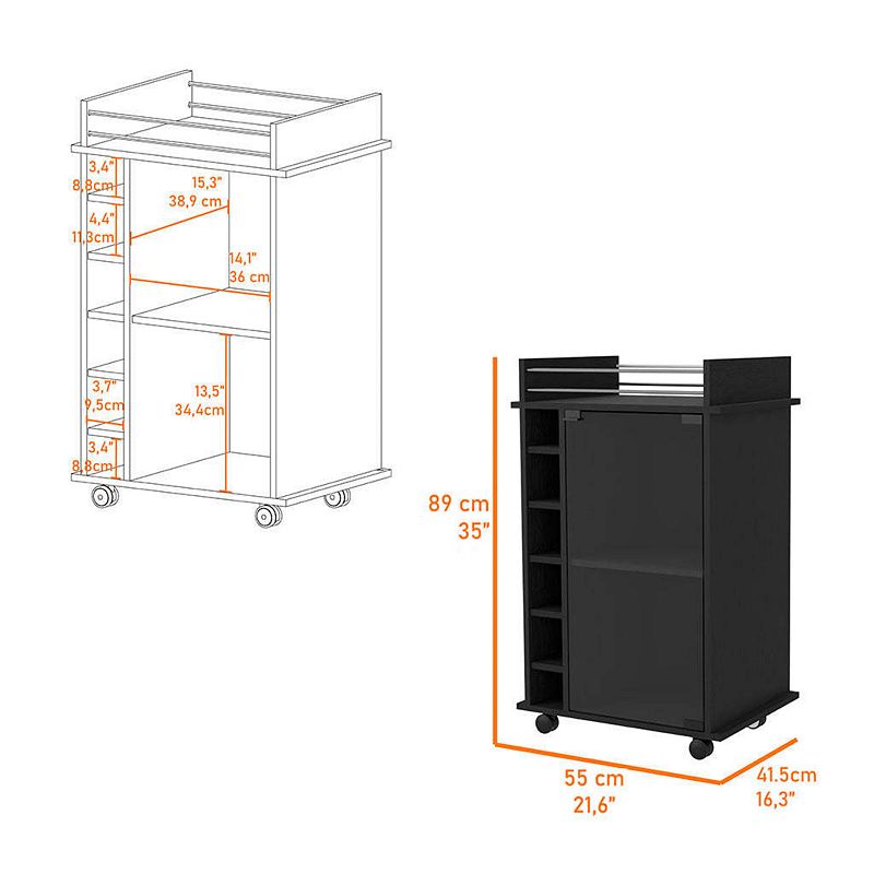 Vegas Bar Cart， Two Tier Cabinet With Glass Door， Six Cubbies For Liquor