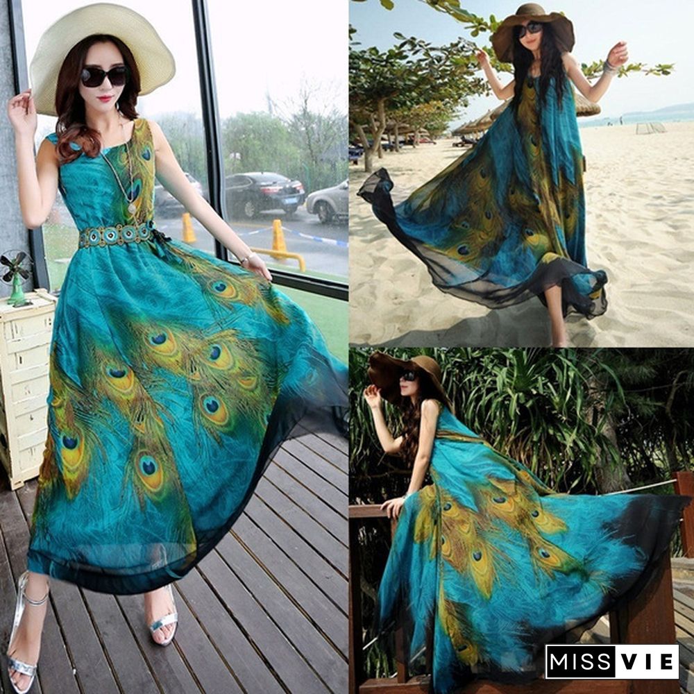 Women Chiffon Plus Sleeveless Tunic Peacock Floral Long Maxi Dress Sundress