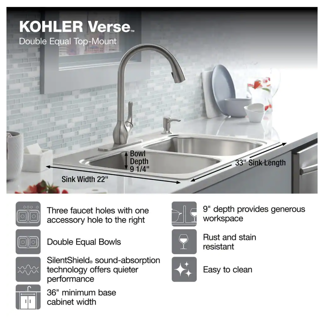 Kohler Verse Drop-In Stainless Steel 33 in. 4-Hole Double Bowl Kitchen Sink