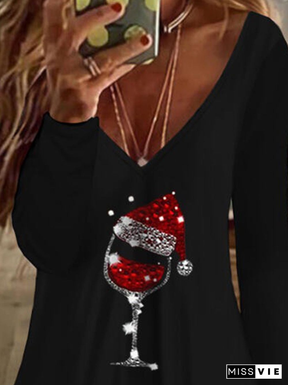 Wine Glass Pattern Long Sleeves V Neck Plus Size Casual Tops