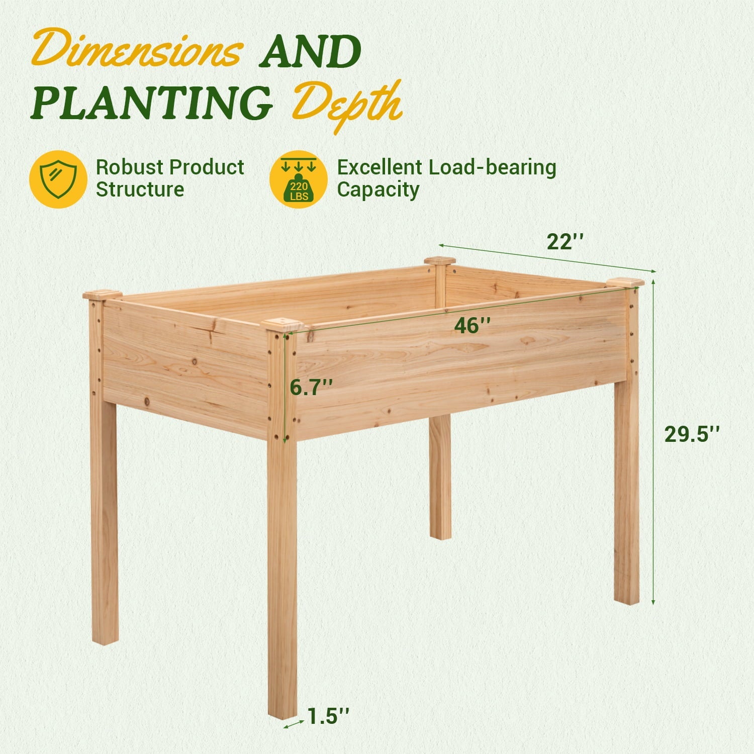 Lacoo Raised Garden Bed 46x22x30in Elevated Wood Planter Box Stand with Legs Outdoor Patio Garden Box to Grow Flower, Fruits, Herbs and Vegetables for Backyard, Patio, Balcony, 280 lb Capacity