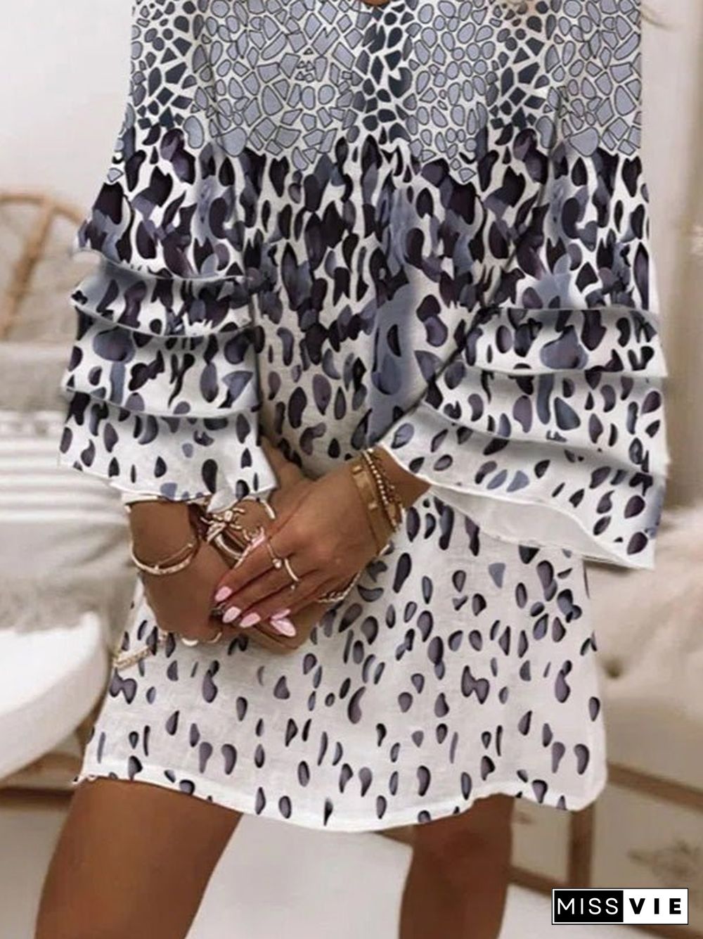 Women'S Dresses Loose Vintage Print V-Neck Ruffle Sleeve Dress