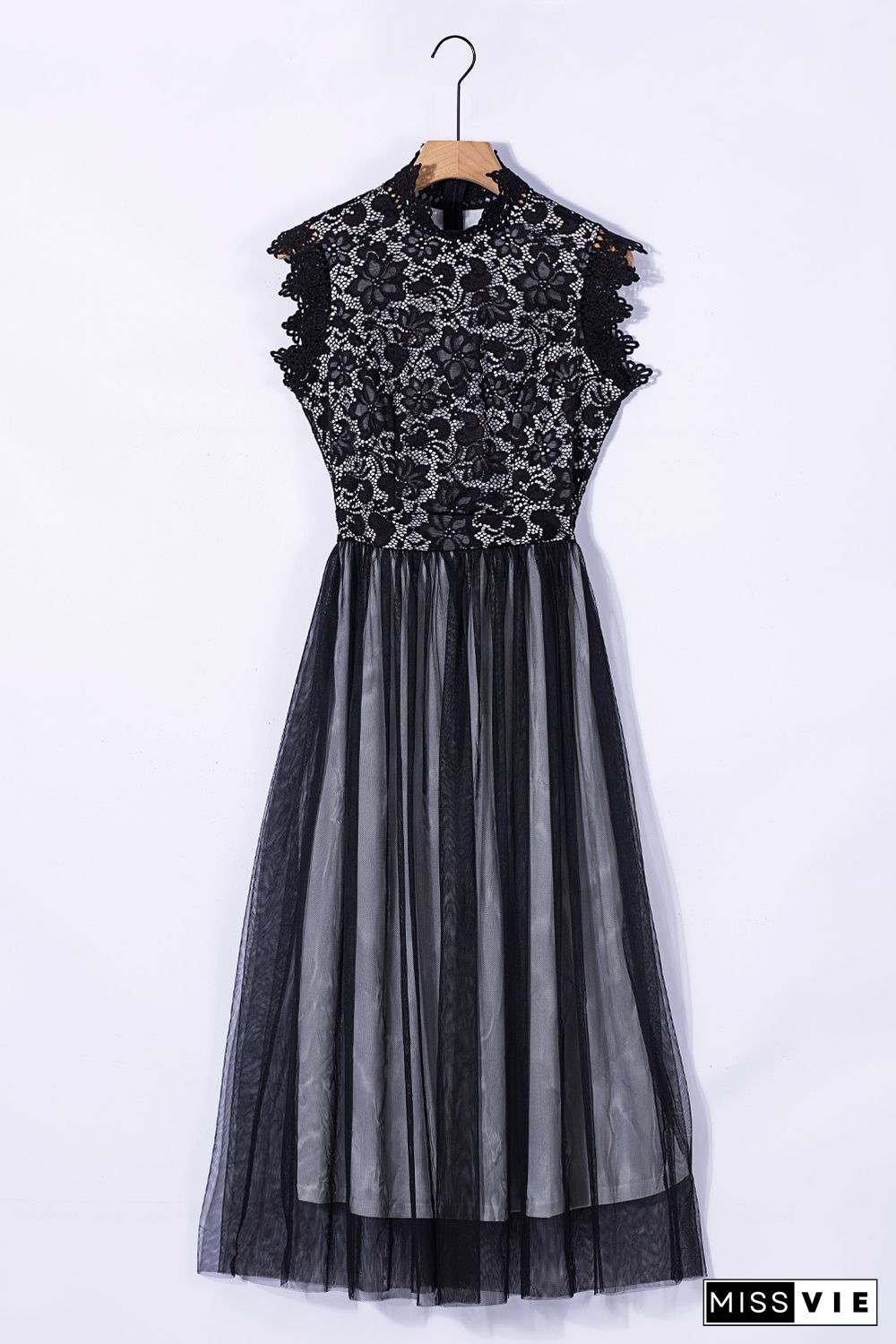 Black High Neck Sleeveless Crochet Lace Mesh Lined Evening Dress