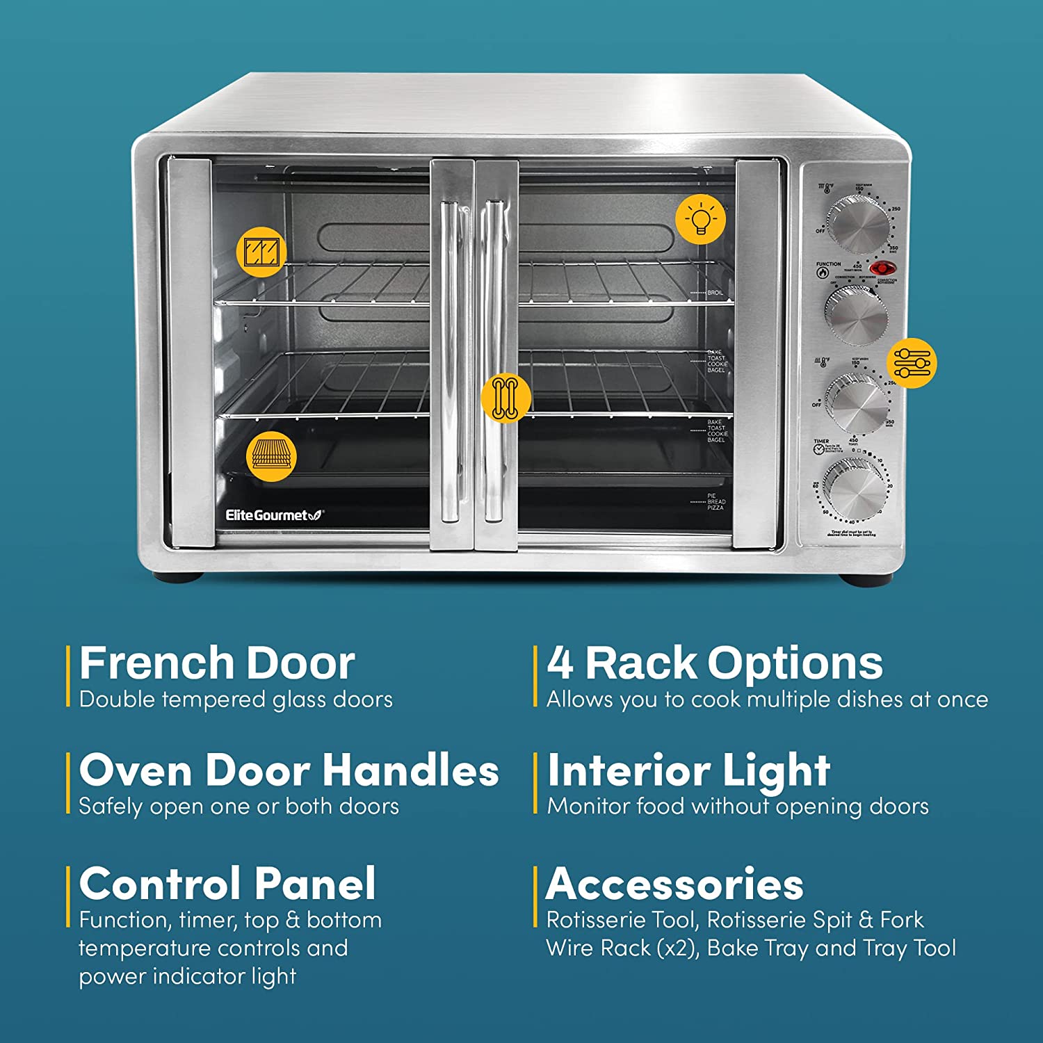 Elite Gourmet ETO4510B# French Door 47.5Qt， 18-Slice Convection Oven 4-Control Knobs， Bake Broil Toast Rotisserie Keep Warm， Includes 2 x 14 Pizza Racks， Stainless Steel