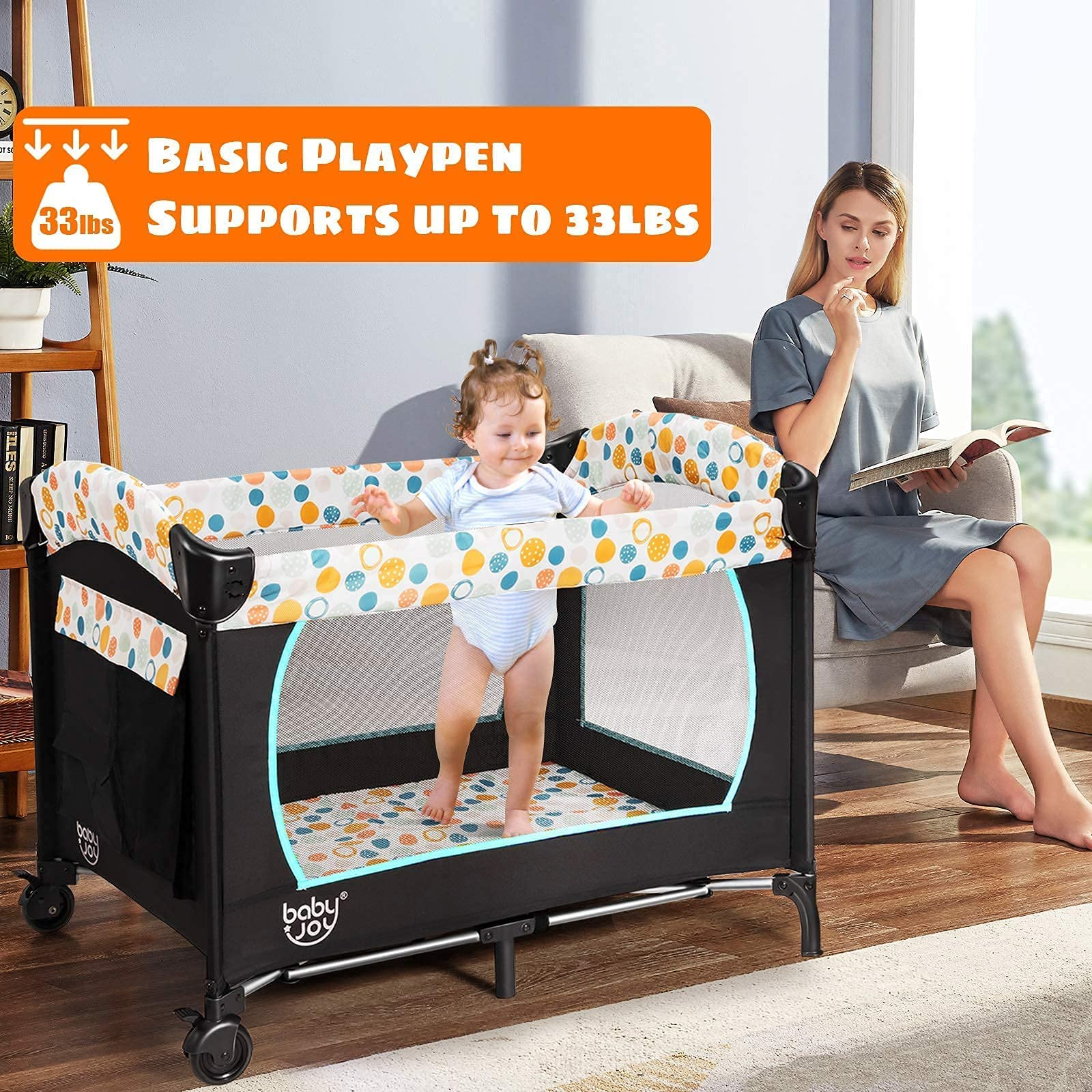 BABY JOY 4 in 1 Pack and Play, Portable Playard with Bassinet, Changing Table