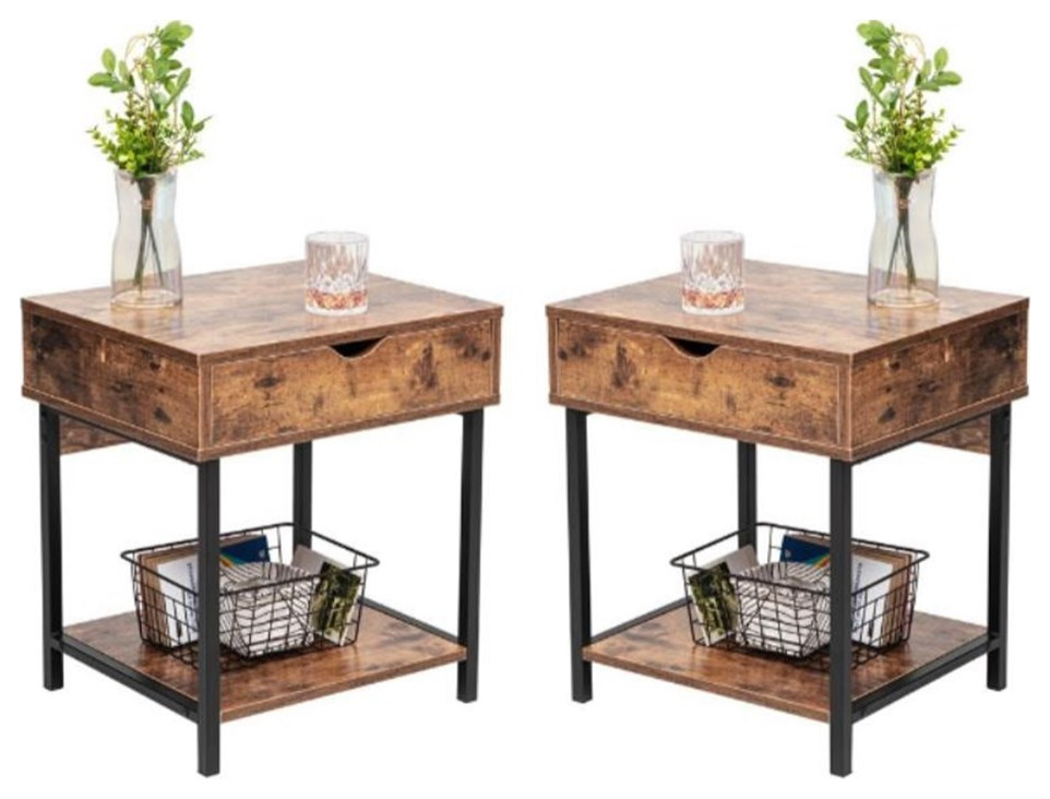 Home Square Modern Wood End Table with Drawer in Rustic Brown   Set of 2   Industrial   Side Tables And End Tables   by Homesquare  Houzz