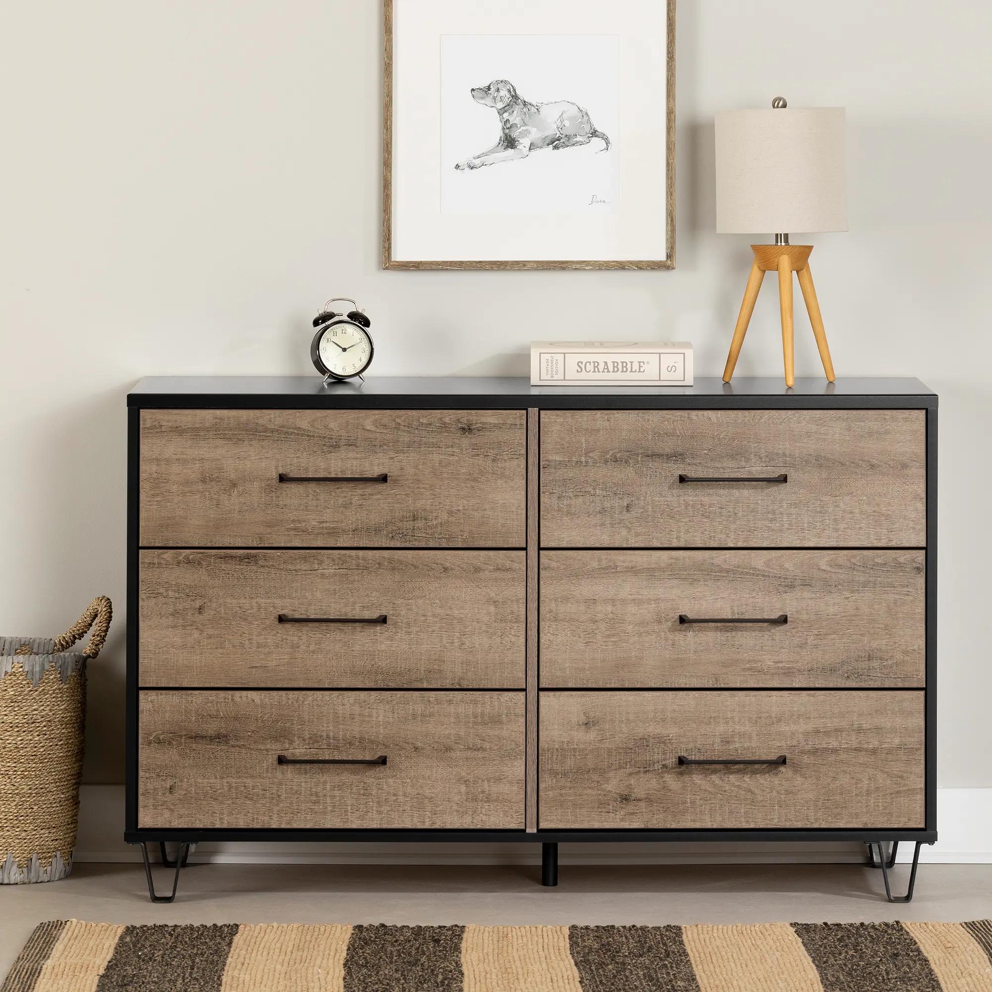 Arlen Weathered Oak and Matte Black 6 Drawer Dresser - South Shore