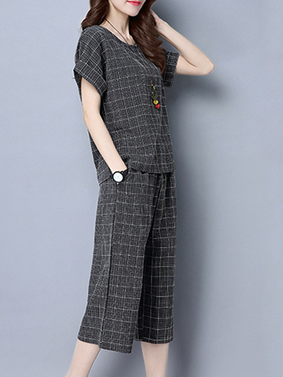 Round Neck  Checkered Blouses And Bottoms Suits