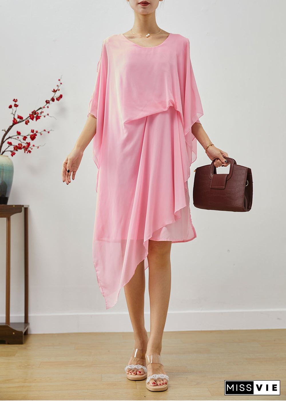 Boho Pink Asymmetrical Cold Shoulder Chiffon Beach Dresses Summer