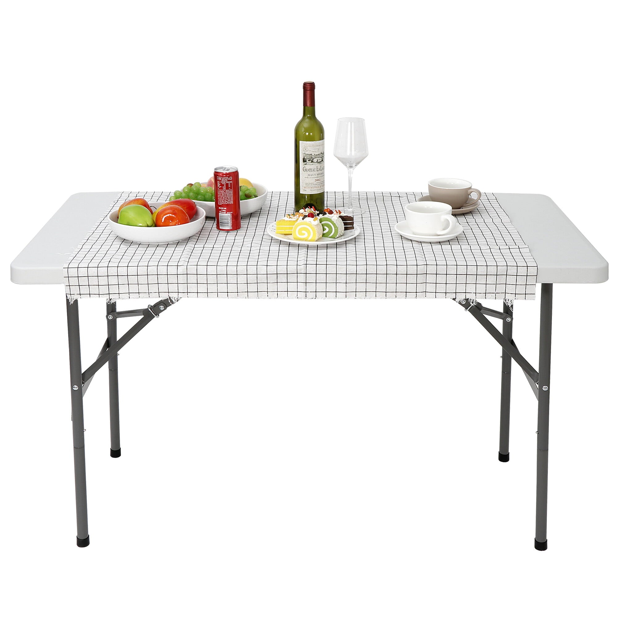 SuperDeal 4ft HDPE Folding Table Fold-in-Half Portable for Camping Picnic Dining W/Handle White