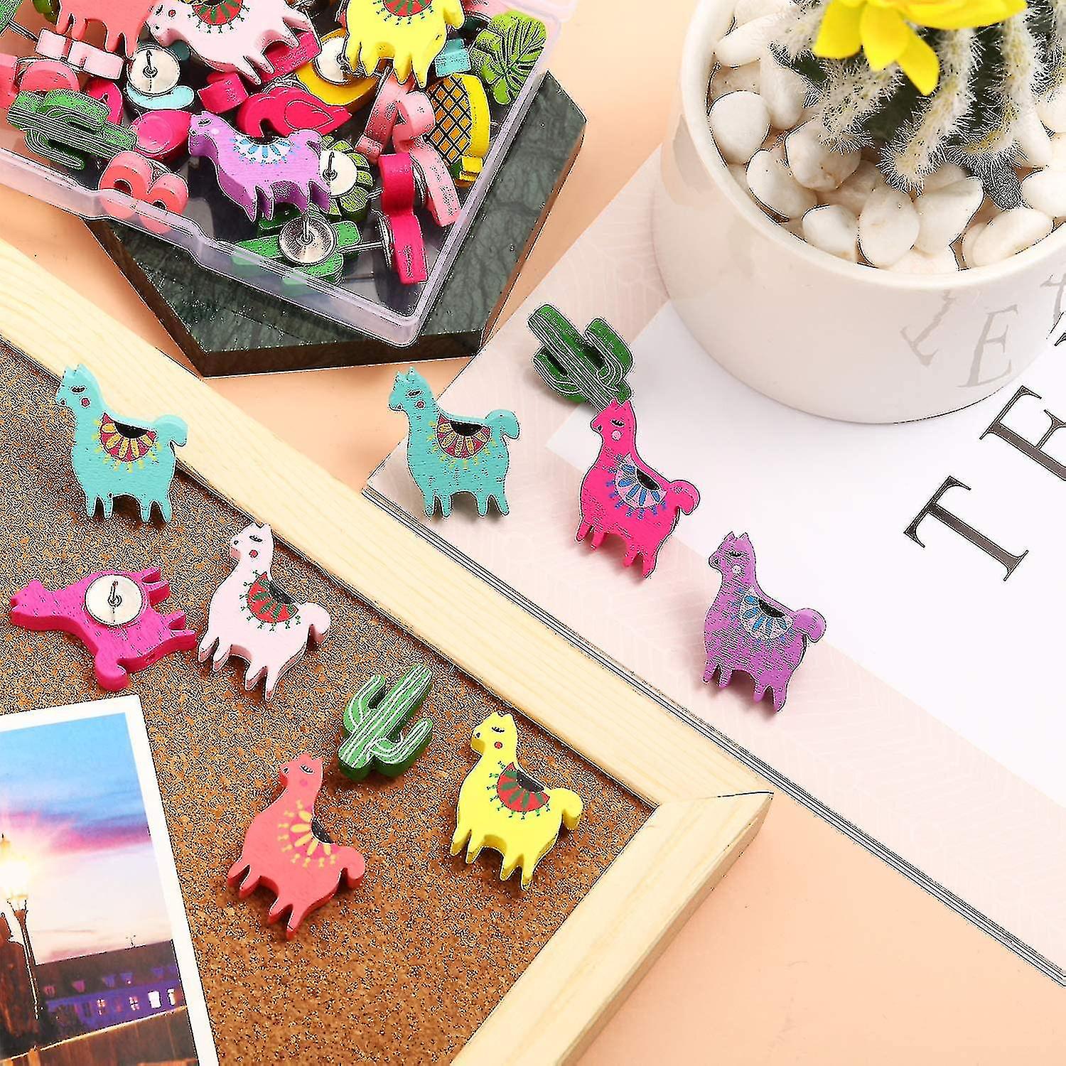 30 Pieces Wooden Thumbtacks Llama Alpaca Cactus Decorative Push Pins Cute