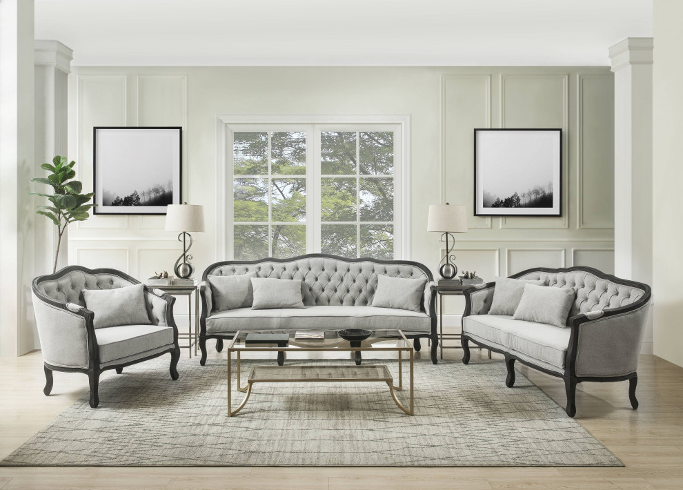 Samael Loveseat With 2 Pillows  Gray Linen and Dark Brown Finish   Traditional   Loveseats   by VirVentures  Houzz