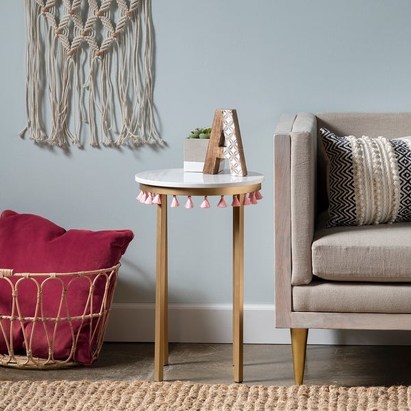 Saffron Marble Table w/Pink Tassels - 16 x 16 x 24