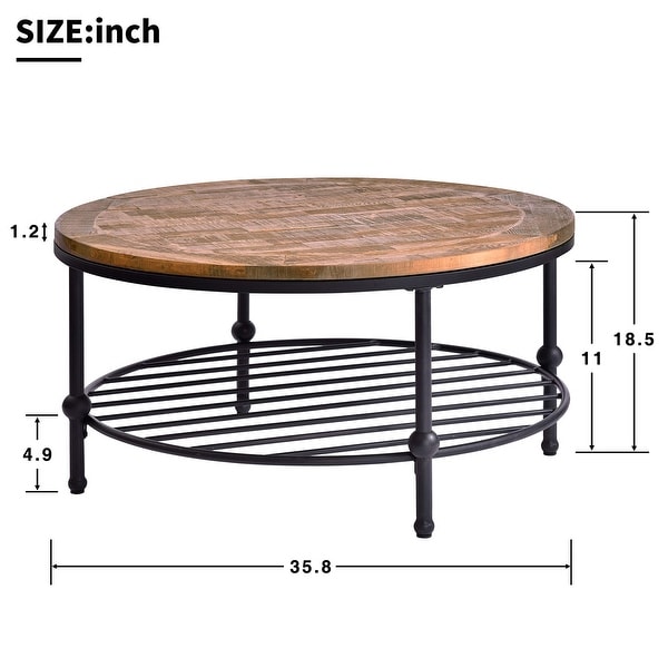 Rustic Natural Round Coffee Table Wood Tabletop and Metal Leg 2 Tier Coffee Table with Storage Shelf for Living Room