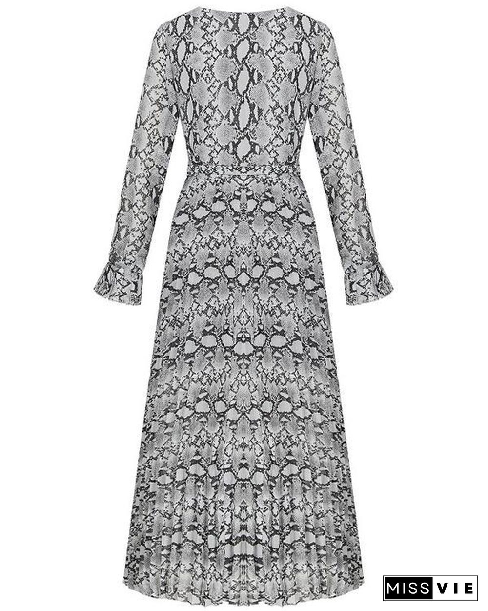 Snakeskin Pleated Elegant Midi Dress