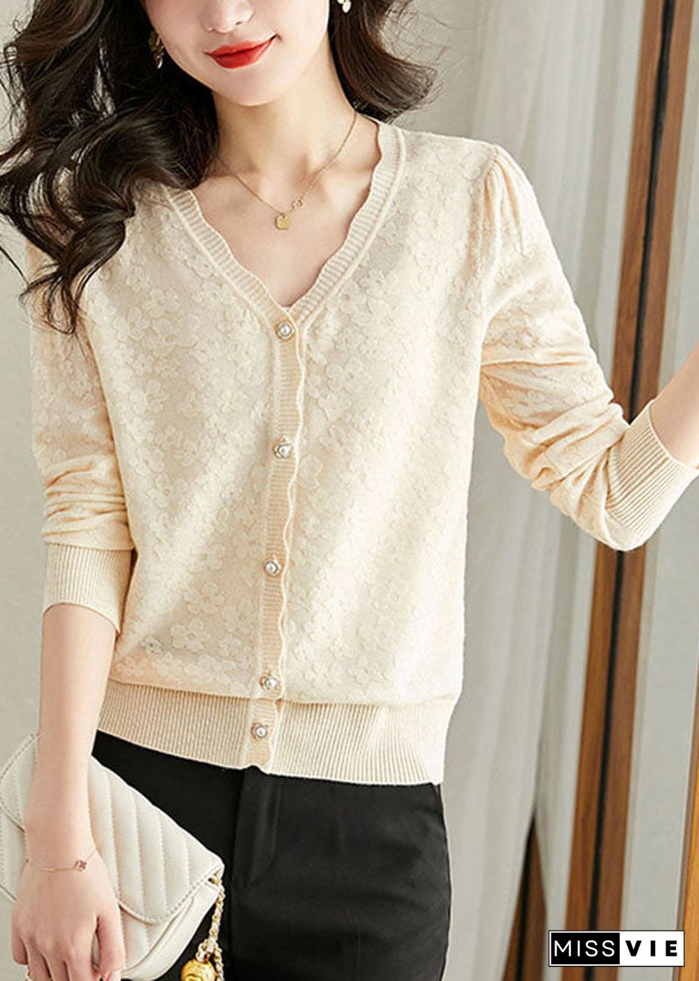 Loose Beige V Neck Knit Cardigans Long Sleeve