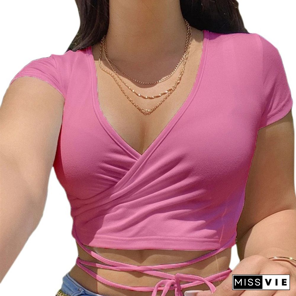 Women Fashion Solid Color Sexy V-neck Crop Tops Slim Fit Summer Short Sleeve Tank Top T Shirts