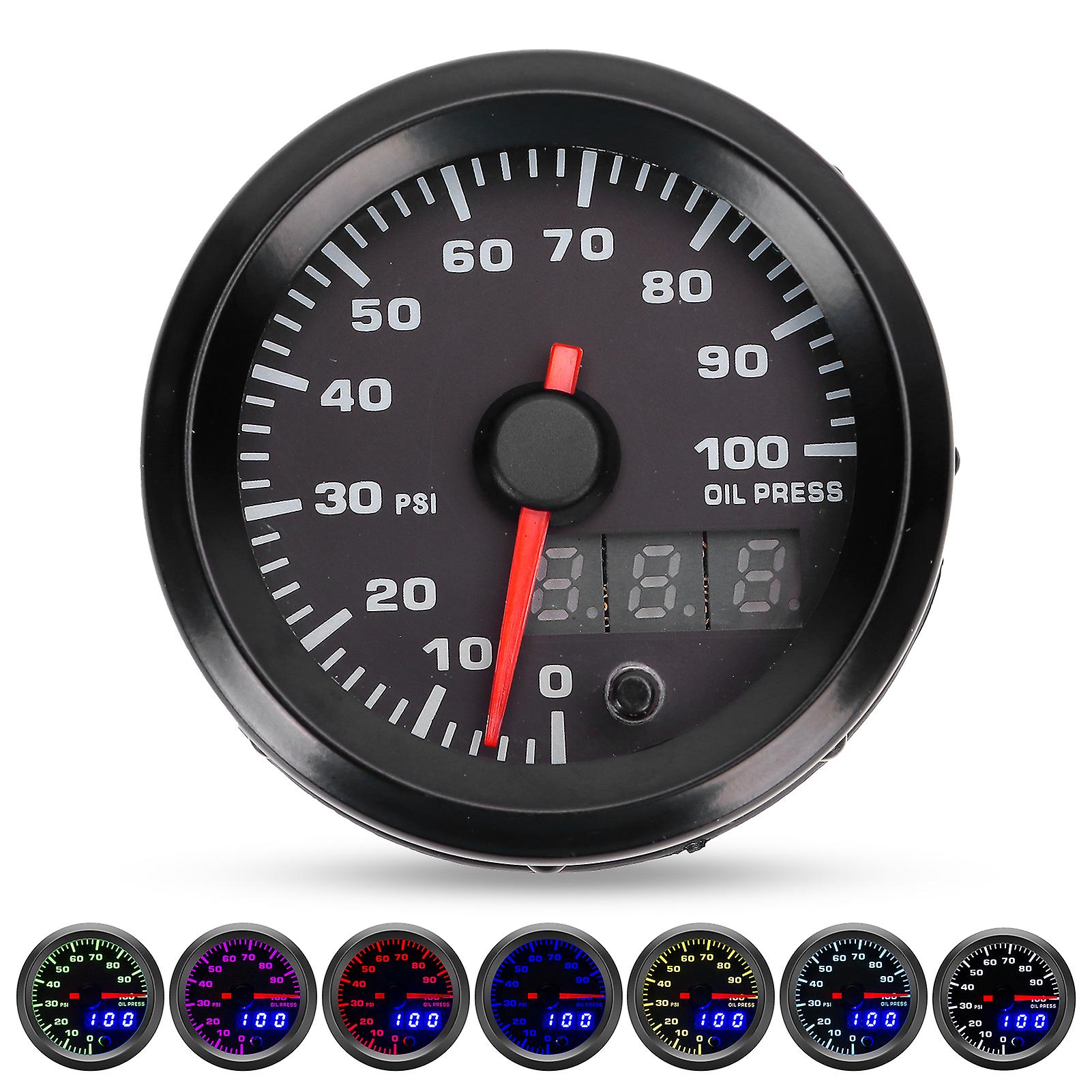 12v 2in Oil Pressure Gauge 0-100psi Meter 7 Colors Led Display With Sensor Universal For Car