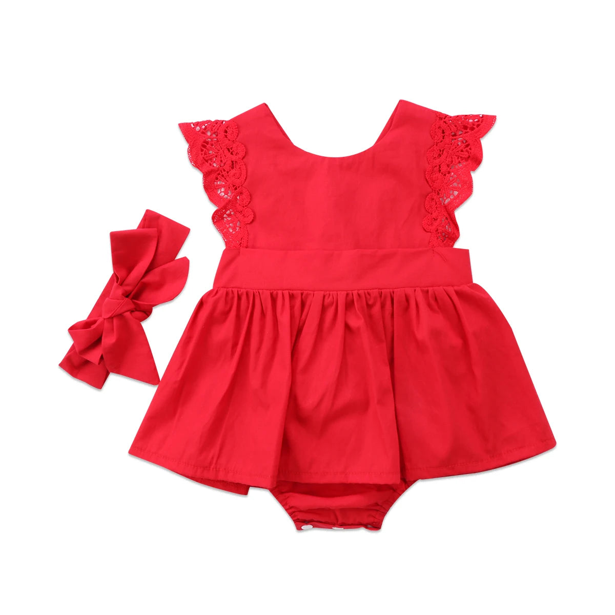 New Arrival 2pcs Red Flower Baby Clothing Newborn Baby Girls Lace Backless Romper Dress Jumpsuit Outfits Clothes 0-24M