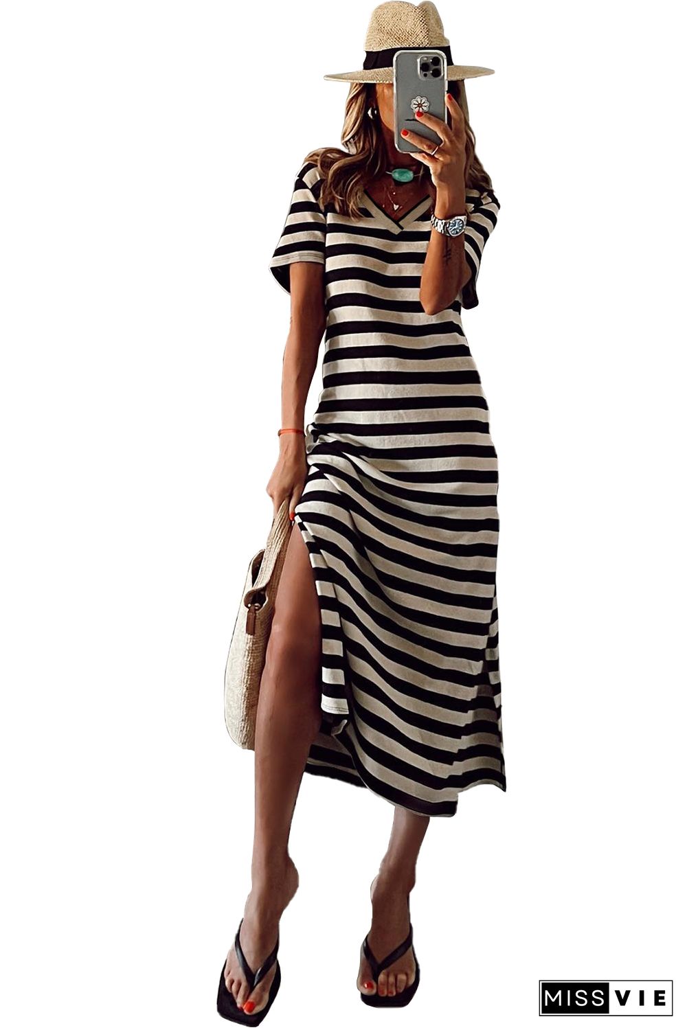 Black Stripe Print V Neck Maxi Dress with Side Splits