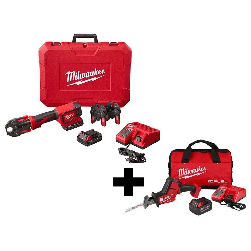 MW M18 18-Volt Lithium-Ion Cordless Short Throw Press Tool Kit with 3 PEX Crimp Jaws with M18 FUEL HACKZALL Saw Kit 2674-22C-2719-21