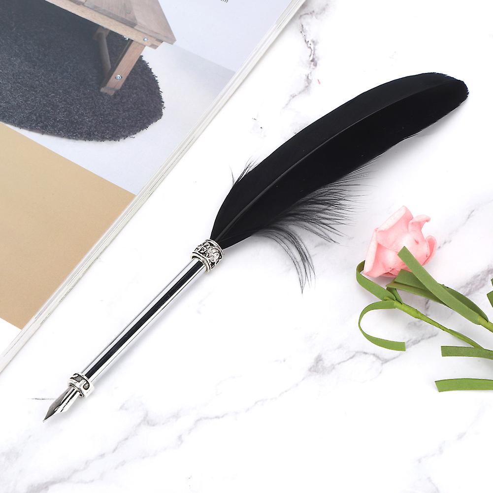 Stainless Steel Black Feather Dip Pen Vintage Fountain Pen For Business Office Birthday Gifts