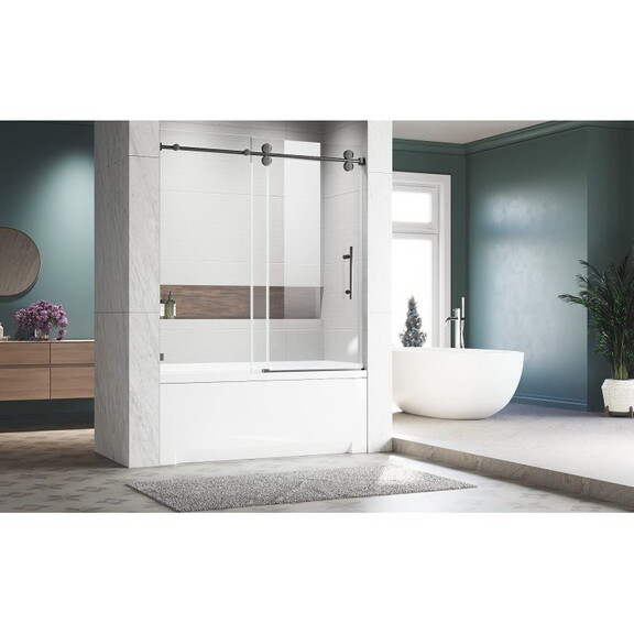 Frameless Black Glass Sliding Bathtub Door Adjusta...