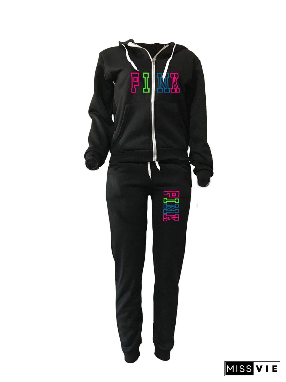 PINK Letter Zipper Hooded Coat and Pants Joggers Suit