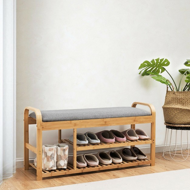 Costway Shoe Rack Entryway 3 tier Bamboo Shoe Bench Organizer W cushion Modern Stool