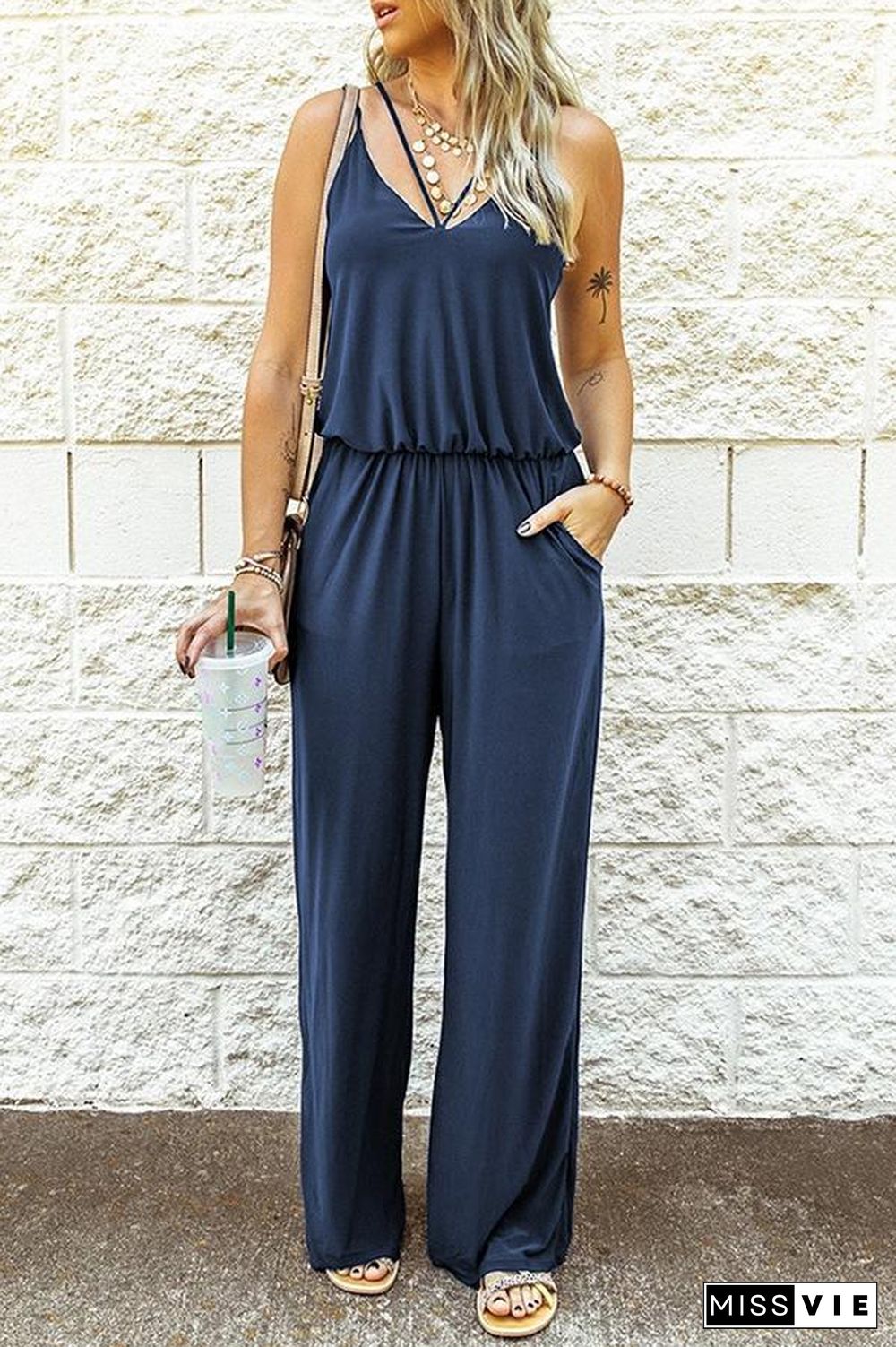 Casual Solid Color Sleeveless Jumpsuit P10614