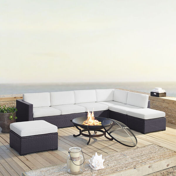 Biscayne 7 Person Outdoor Wicker Seating Set in White - Two Loveseats， One Armless Chair， Two Ottomans， Ashland Firepit