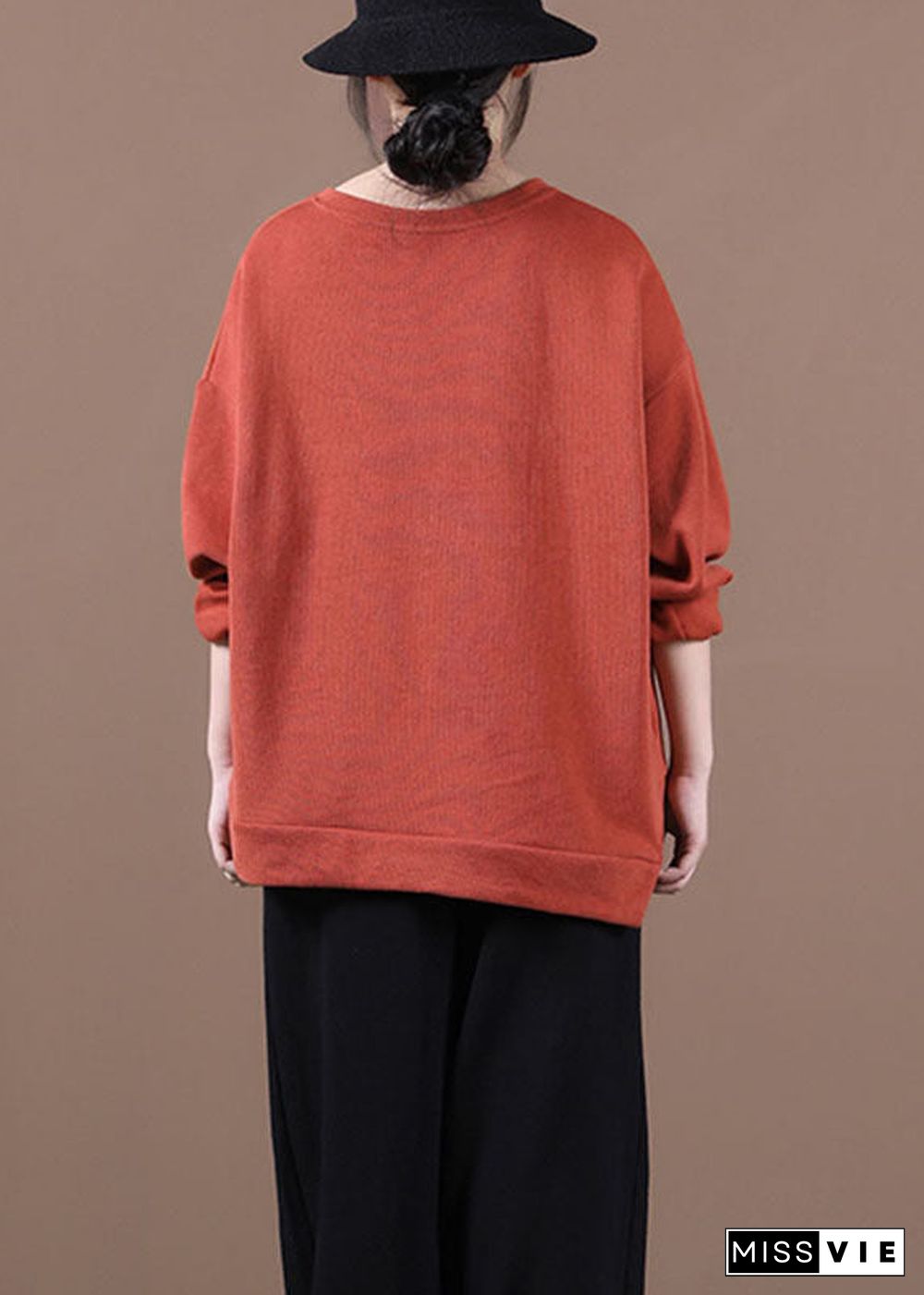 Elegant Brick Red O-Neck Embroideried Loose Fall Sweatshirt