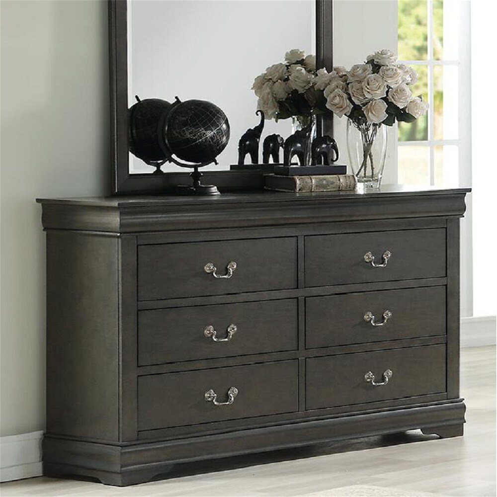 6 Drawers Dresser  Wood Storage Cabinet  Elegant Dark Gray  Assembled