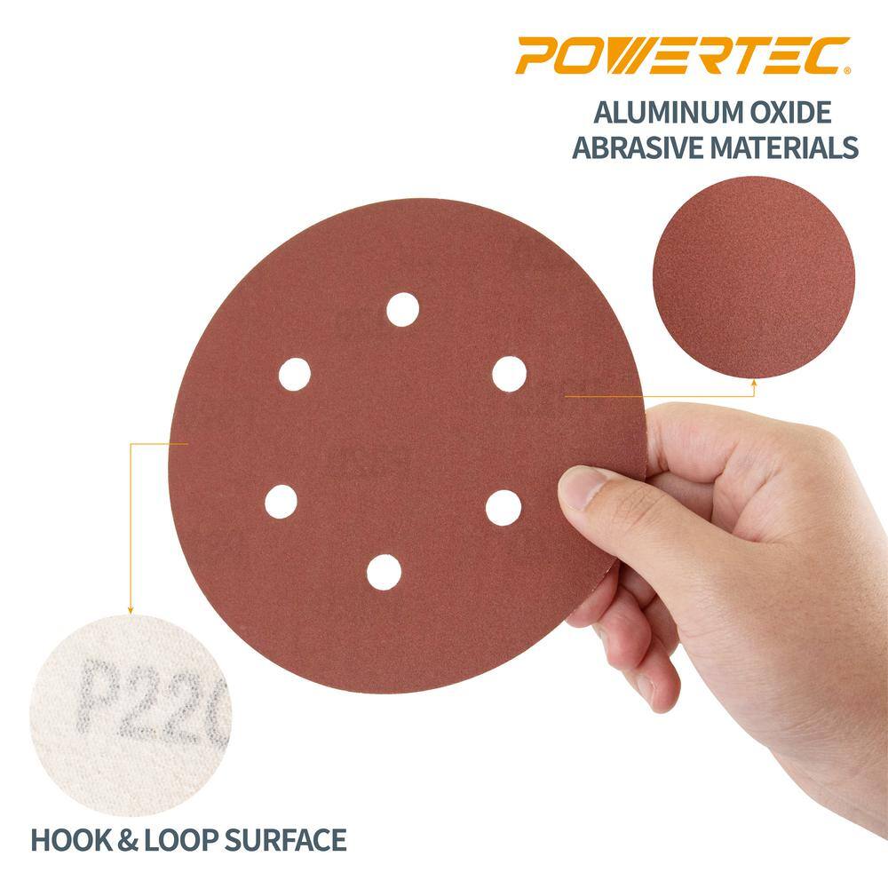 POWERTEC 6 in. 60-Grit Aluminum Oxide Hook and Loop 6 Hole Disc (25-Pack) 45206