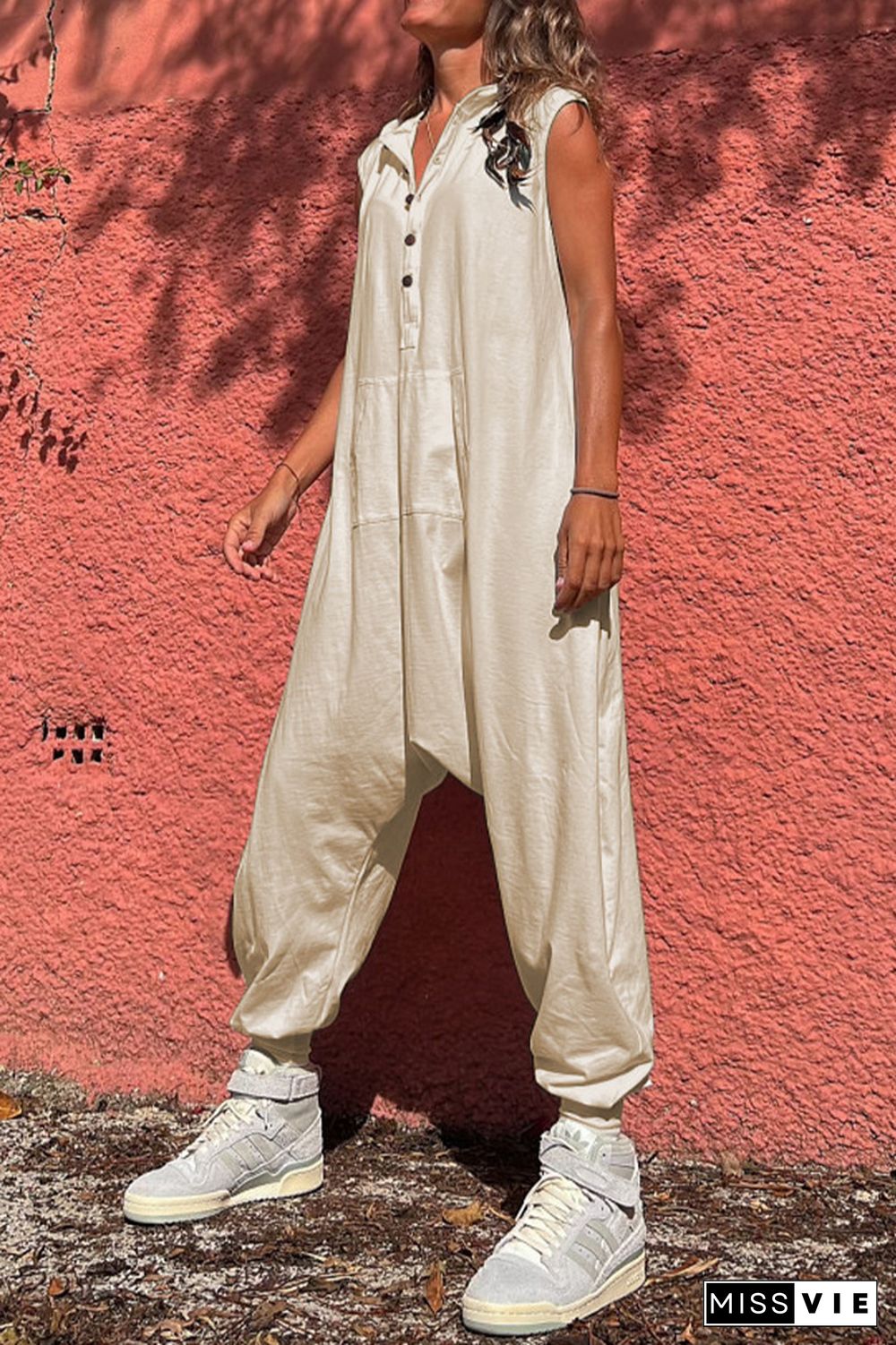 Loose Fit Sleeveless Hooded Plain Jumpsuit