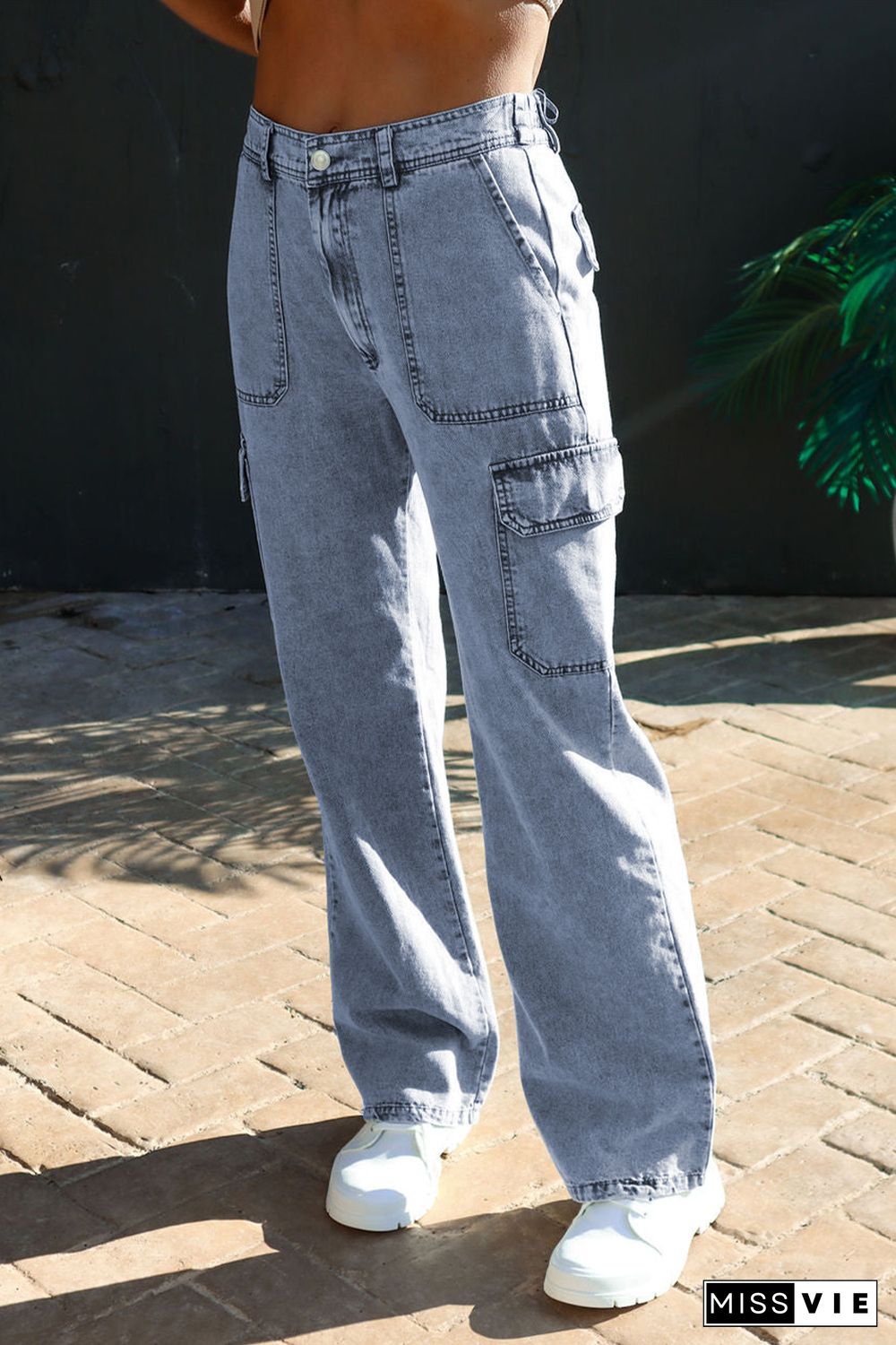 Sky Blue High Waist Wide Leg Cargo Jeans