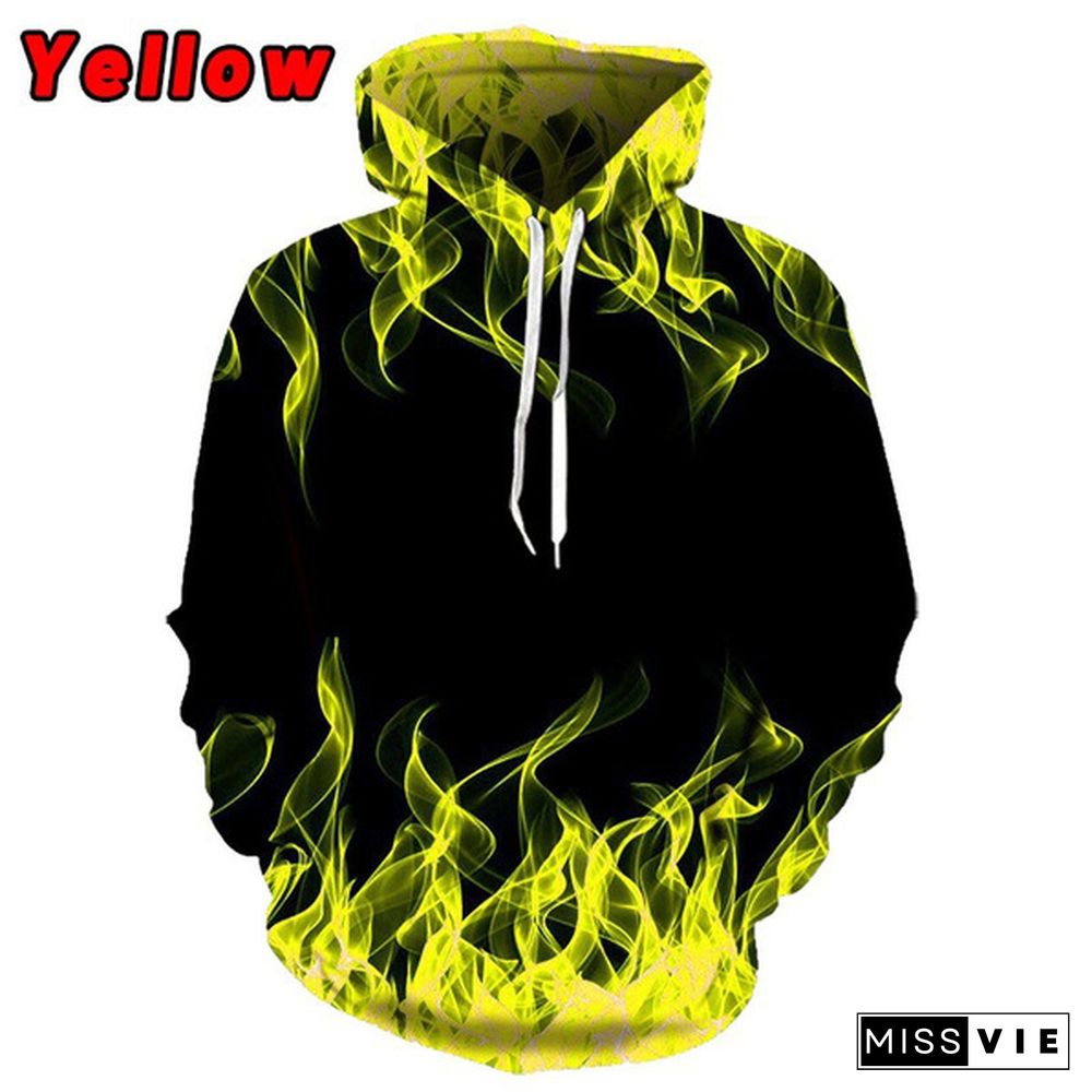 New Colorful Unisex Fashion Long Sleeve Hooded Sweatshirt 3D Printed Flame Jumper Hoodies Oversized Loose Drawstring Sweatshirt